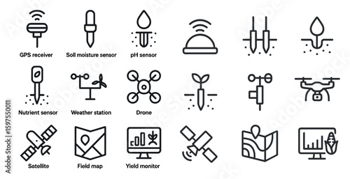 Agriculture and technology line icons set – outline, farming, precision tools