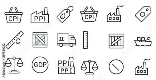 Economic and business line icons set – outline, financial metrics, data symbols