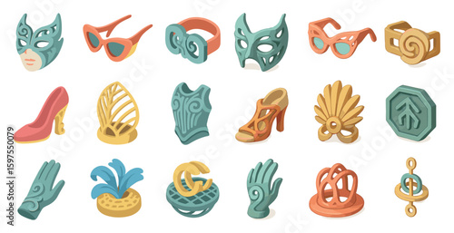Masquerade and party isometric icons set - 3d masks, costumes, festive designs