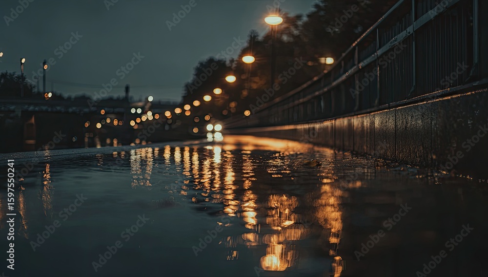 Fototapeta premium City street at night, reflections in puddles