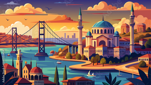 Istanbul Bosphorus panoramic photo. Istanbul landscape beautiful sunset with clouds Ortakoy Mosque, Bosphorus Bridge, Fatih Sultan Mehmet Bridge Istanbul Turkey.Best touristic destination of Istanbul 