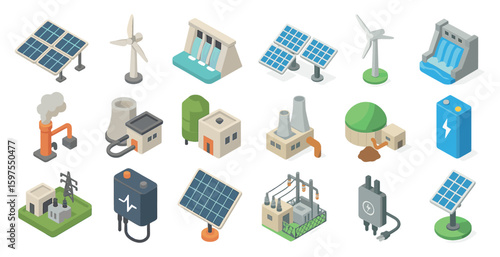 Renewable energy isometric icons set – sustainable, eco, power generation symbols