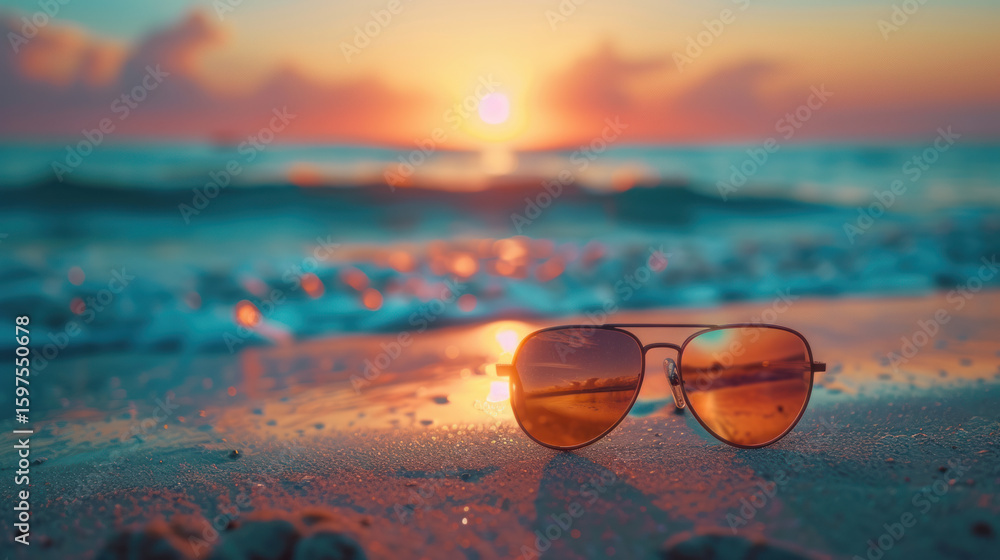 Sunglasses lying on the sandy beach with the ocean, sunset and sky reflected in the glasses lenses.
