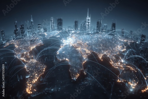 Global city network communication lines across continents with city skyline
