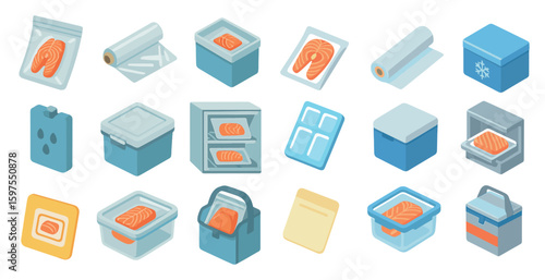 Food storage isometric icons set – 3d, preservation, kitchen organization symbols