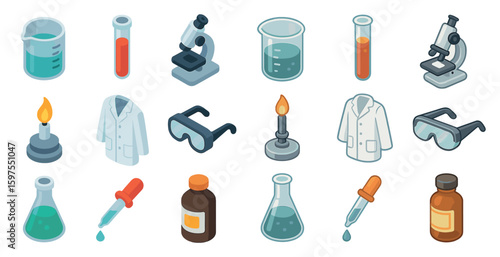 Science and laboratory icons set in isometric style – research, chemistry, lab tools