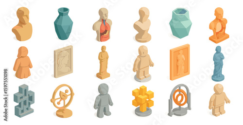 Sculpture and artifacts isometric icons set – 3d, artistic, creative symbols