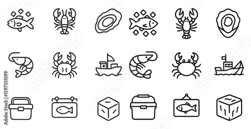 Marine life outline icons set – sea, ocean, fish symbols for fishing and seafood