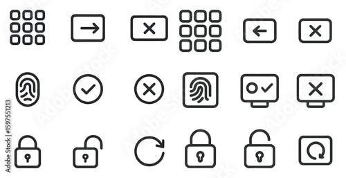 Security and access control outline icons set – solid, linear, lock and protection symbols