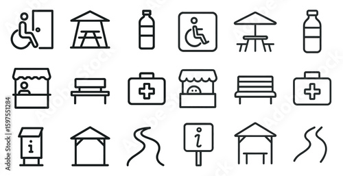 Accessibility and recreation outline icons set – linear, line, park and public space symbols
