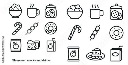 Sleepover snacks linear icons set – outline, sweet treats and comfort food symbols