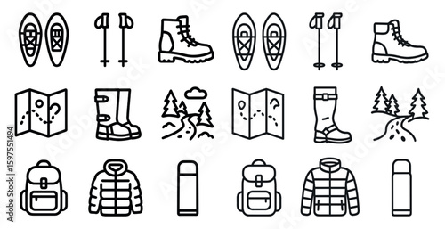 Outdoor adventure line icons set – camping, hiking, trekking symbols
