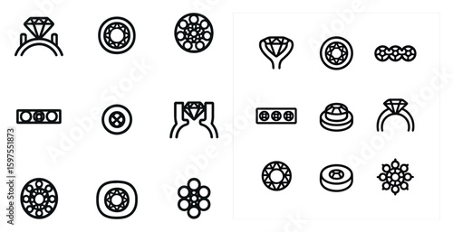 Jewelry and gemstones icons set – outline, linear, diamond and accessory symbols