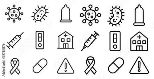 Medical and health outline icons set – linear, flat, healthcare and virus symbols