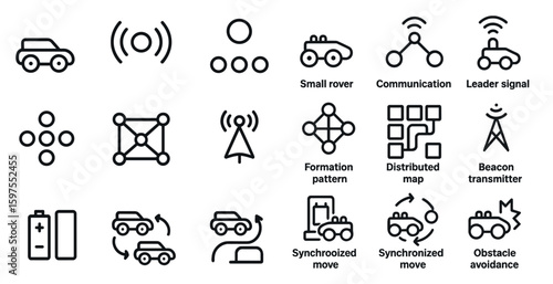 Autonomous vehicle outline icons set – linear, silhouette, self-driving technology symbols