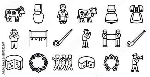 Traditional swiss culture outline icons set – decorative, folk, festival symbols