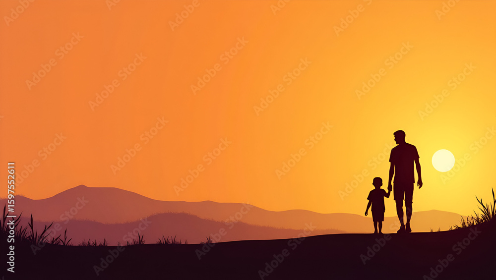 Loving father walking side by side with son holding hands./ Little son, dad hold hands close up in nature in sunset Loving father walking side by side with son holding hands./ Little son, dad hold hands close up in nature in sunset
