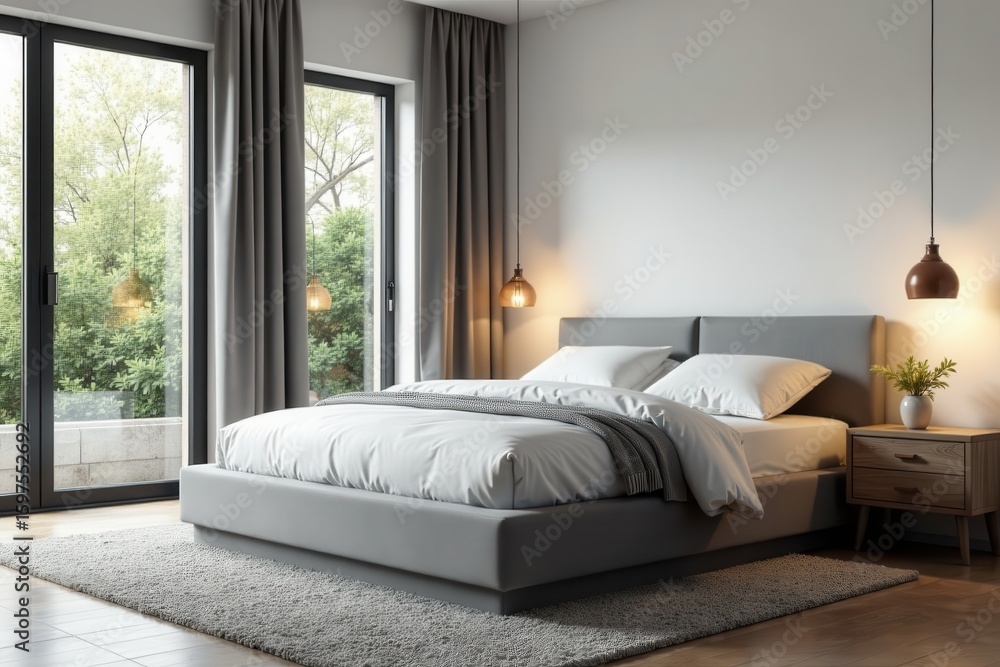 Fototapeta premium Gray platform bed in spacious, bright bedroom, modern, simple, comfort