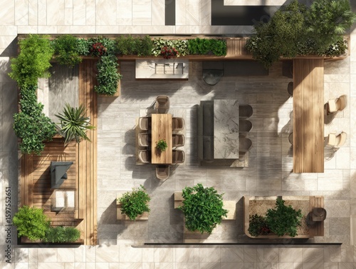 A plan of a patio with a table and chairs. There are potted plants and a bench