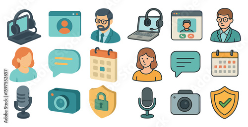 Communication and technology icons set - flat, filled, digital and media symbols