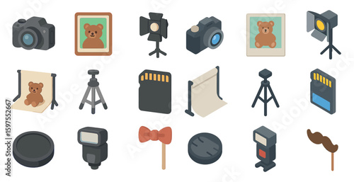Photography and camera icons set – isometric, photo, design and studio elements
