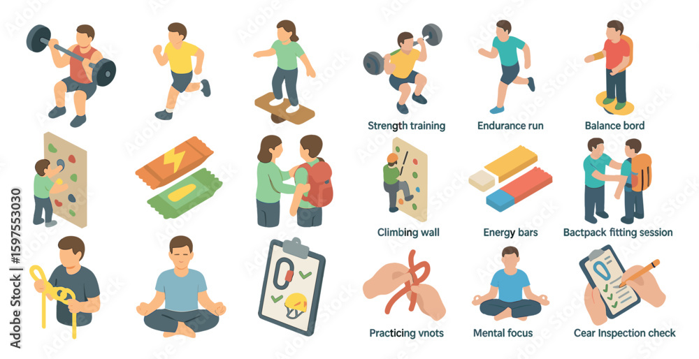 Outdoor activities isometric icons set – hiking, adventure, travel symbols Outdoor activities isometric icons set – hiking, adventure, travel symbols