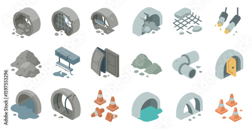 Construction and infrastructure icons set – isometric, building, industrial symbols