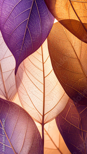 A close-up of translucent leaves in shades of purple and orange, creating a serene backdrop.