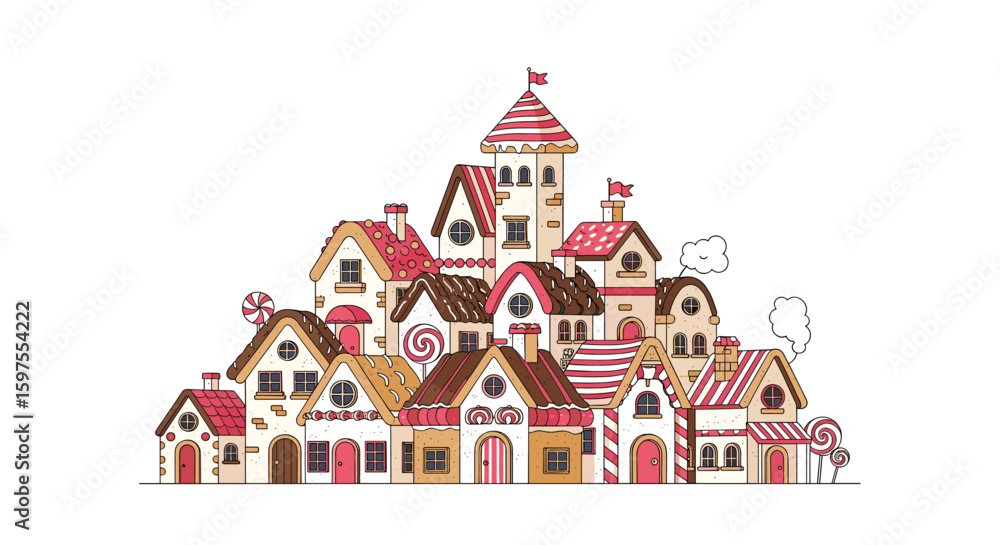 Naklejka premium Whimsical gingerbread village collection festive holiday architectural elements