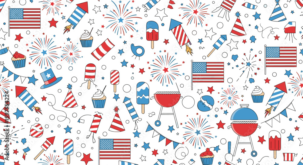 Obraz premium Festive fourth of july celebration pattern with patriotic icons and fireworks displays