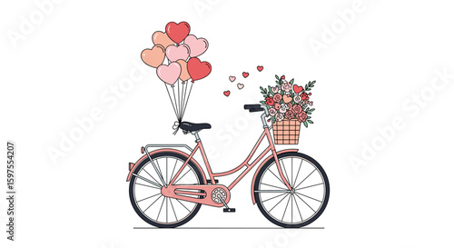 Charming pink bicycle with heart balloons and flower basket for romantic rides