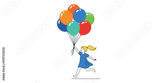 Joyful child holding many colorful balloons while running outdoors on a sunny day