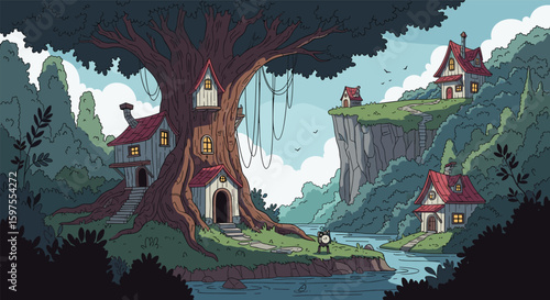 Enchanted forest village nestled beside a serene river with majestic old growth trees