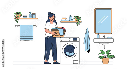 Person with laundry basket in a modern bathroom with washing machine and shelves