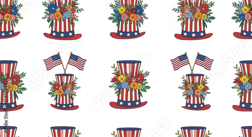 Festive patriotic uncle sam hats with colorful floral arrangements and american flags pattern