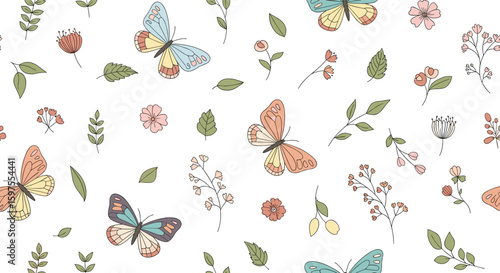 Charming butterflies and delicate floral blossoms adorning a white canvas for a whimsical feel