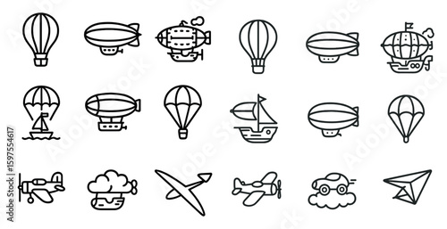 Aviation adventure icons set – outline, linear, flight and travel designs