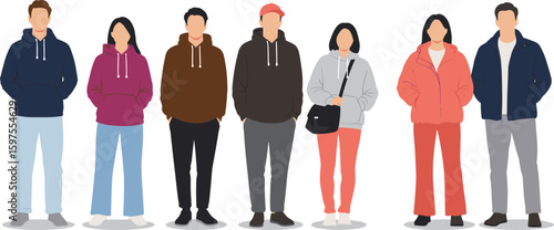 Group of people in hoodies and casual jackets, modern streetwear fashion illustration, flat style young adults standing front view
