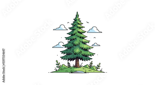 A tall evergreen conifer tree stands proudly in a lush green field under a bright blue sky with fluffy white clouds