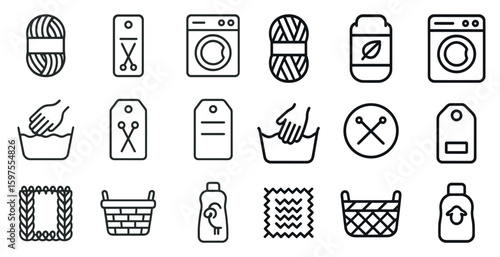 Laundry icons set – outline, linear, washing and cleaning symbols for home use