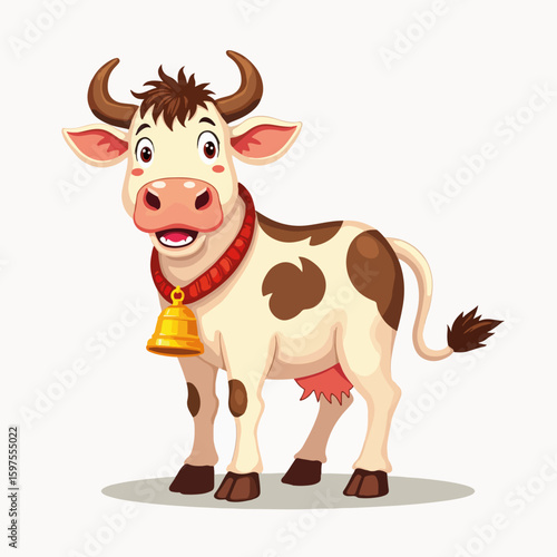 Playful cow in colorful collar with bell standing happily on plain background. Charming cow features distinct brown spots and friendly expression, symbolizing farm life and rural culture.