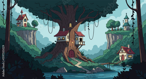 Enchanted forest homes nestled amongst ancient trees overlooking serene waterways