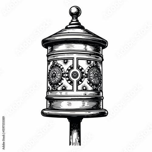 Traditional prayer wheel with intricate symbols and patterns displayed on a pedestal. Prayer wheel features detailed engravings and historical significance in various cultures.