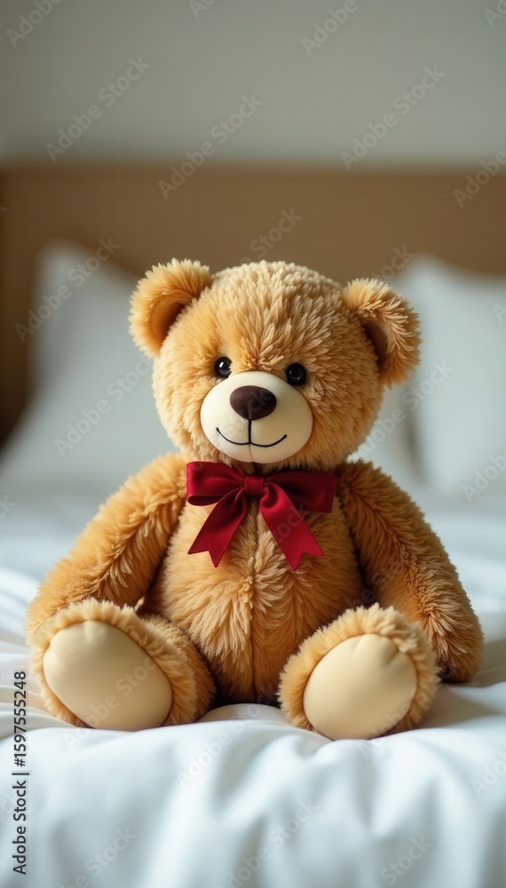 Obraz premium Vintage teddy bear sits on white bed's headboard , furniture, toy, interior