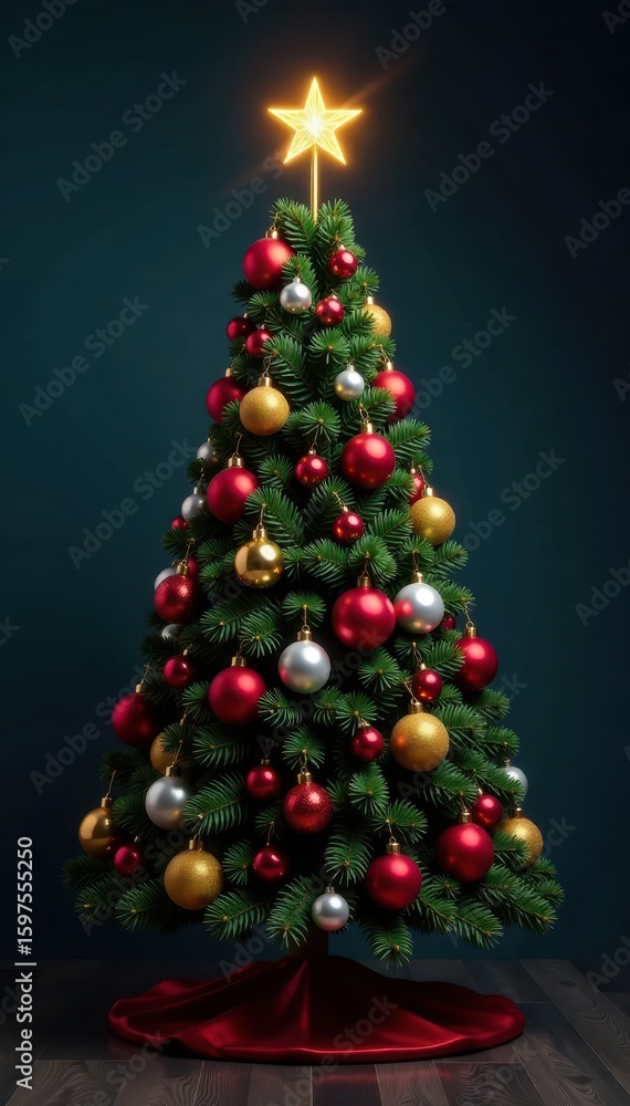 Tall decorated Christmas tree, twinkling star topper, vibrant baubles, green, festive Tall decorated Christmas tree, twinkling star topper, vibrant baubles, green, festive