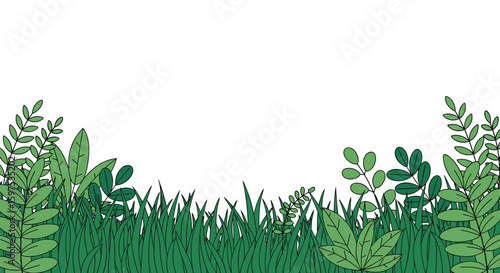 Lush greenery and grassy meadow border with delicate leafy branches framing the scene