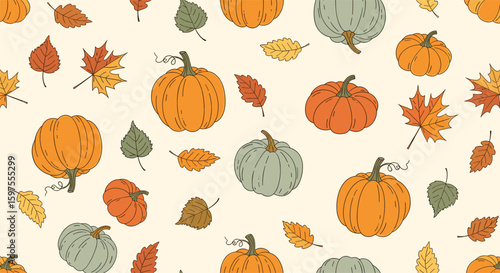 Autumn harvest pumpkins and falling leaves seasonal celebration design element