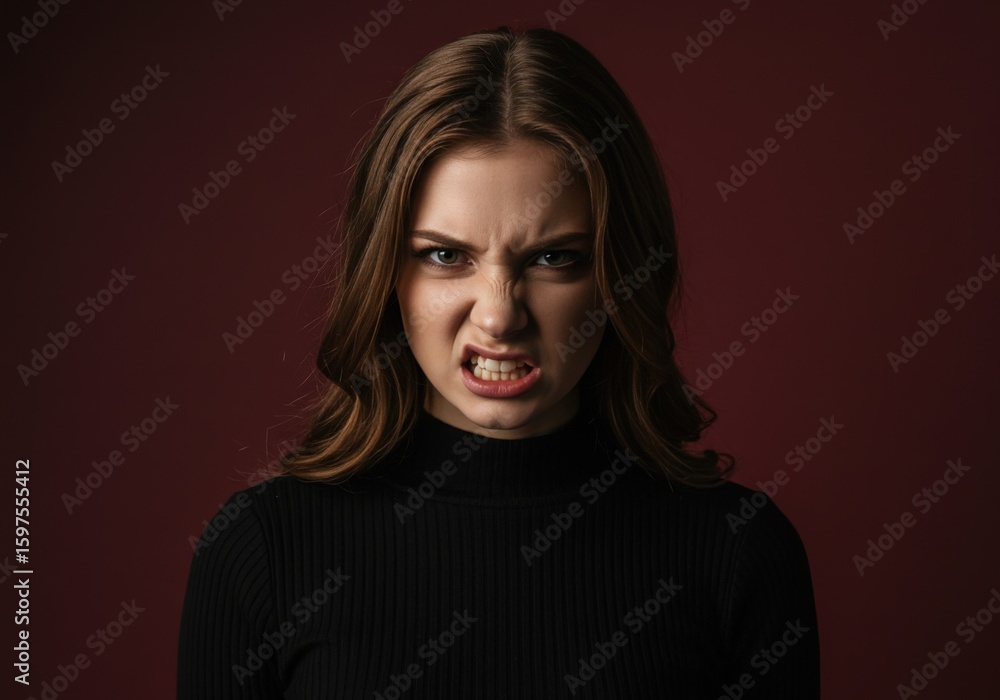 Naklejka premium Portrait of a furious young woman with an angry face snarling and showing her white teeth