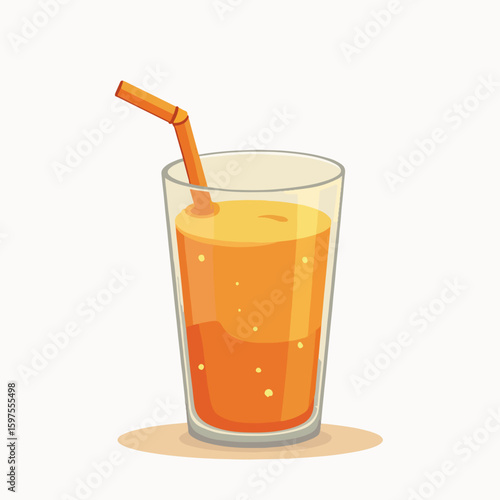 Refreshing juice in clear glass with orange straw and bubbles. Bright juice includes vibrant orange color and fizzy texture, perfect for summer beverages.