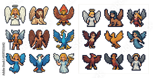 Fantasy mythical creatures icons set – pixel art, outline, legendary and magical symbols